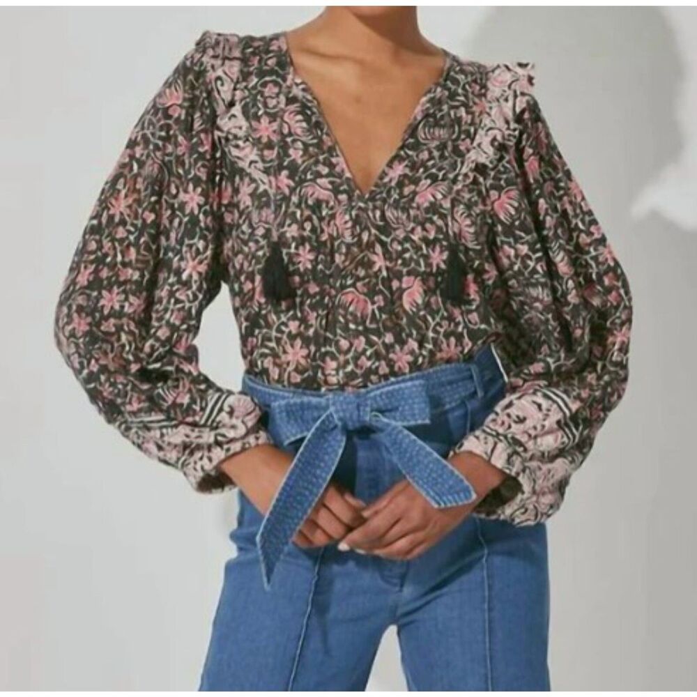 Clobella Brynlee Blouse NWOT Size Small S Black Pink Floral Fan Print Top Sm - Picture 3 of 9